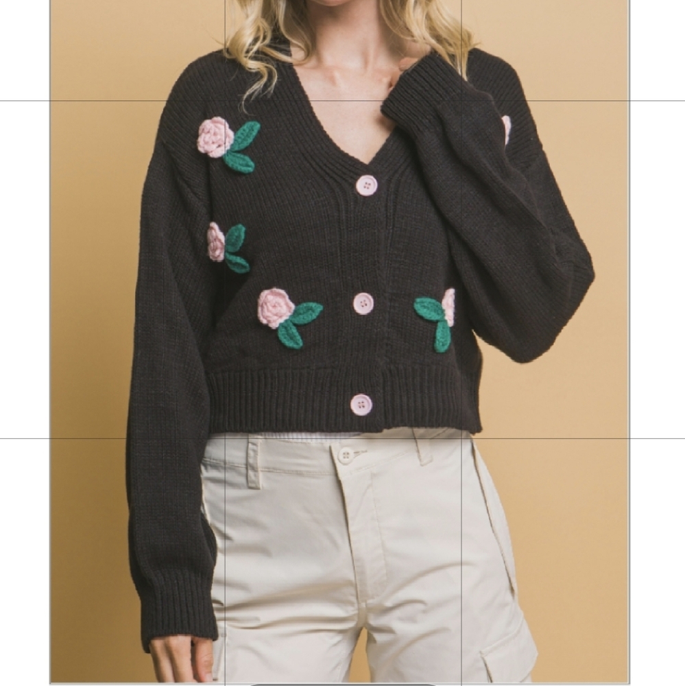 Love Tree Black / Pink Crochet Rose Adorned Knit Cardigan Sweater